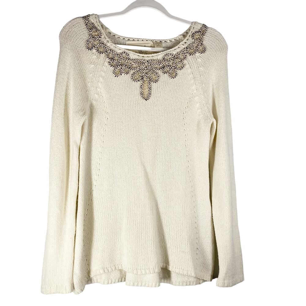 Anthropologie Angel of the North Embellished Sweater Medium Cream Boho Knit Top